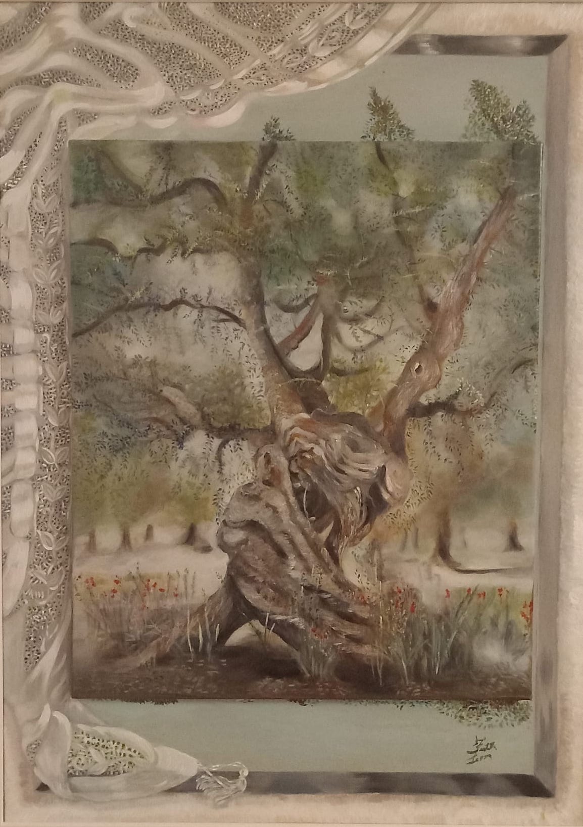 Paesaggio costiero con mare in tempesta, pittura a olio, colori scuri e drammatici