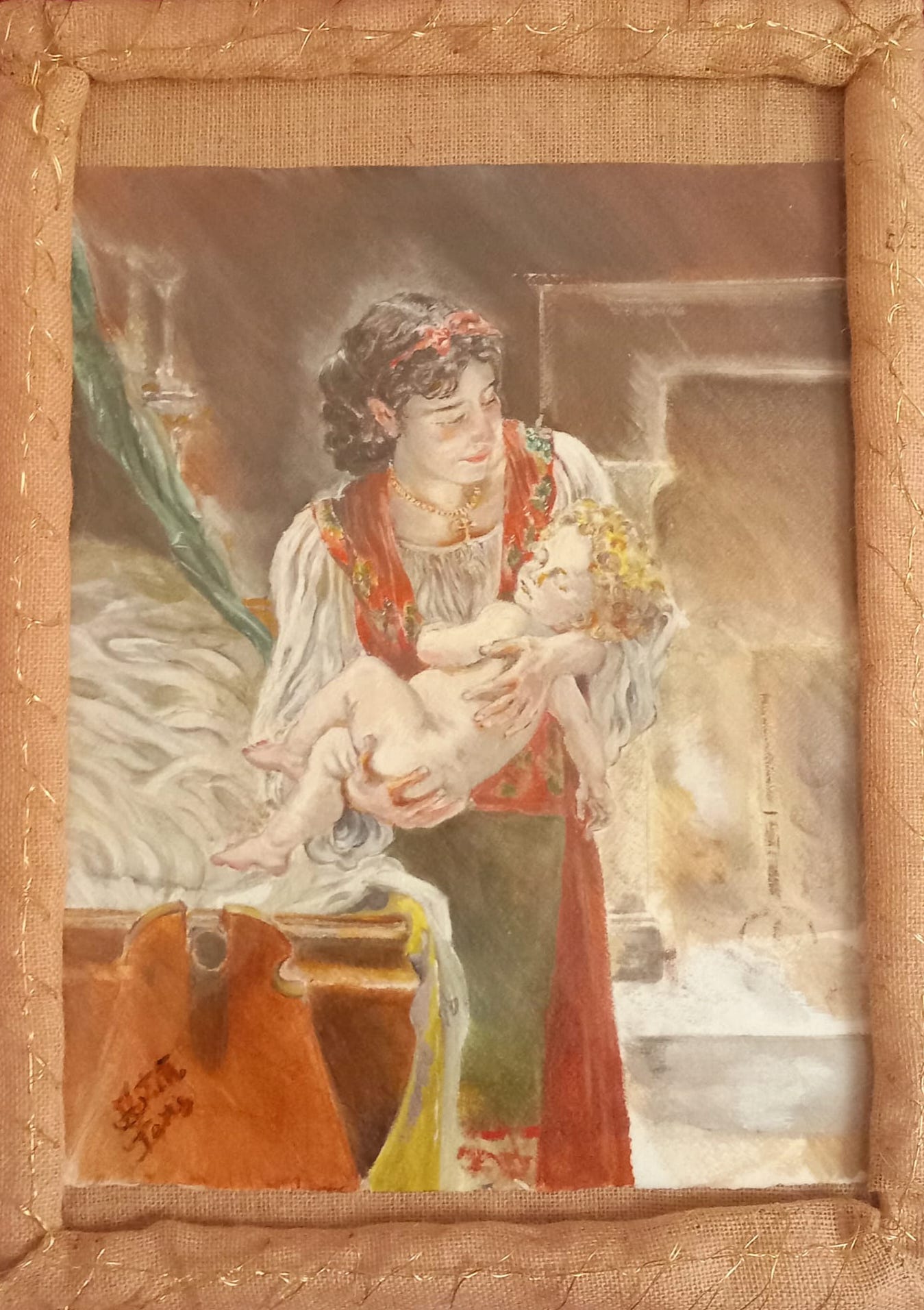 Paesaggio marino con barche e cielo nuvoloso, pittura a olio, colori tenui