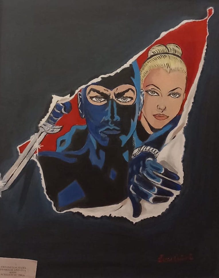Dipinto di Diabolik ed Eva Kant, acrilico su tela, stile fumettistico