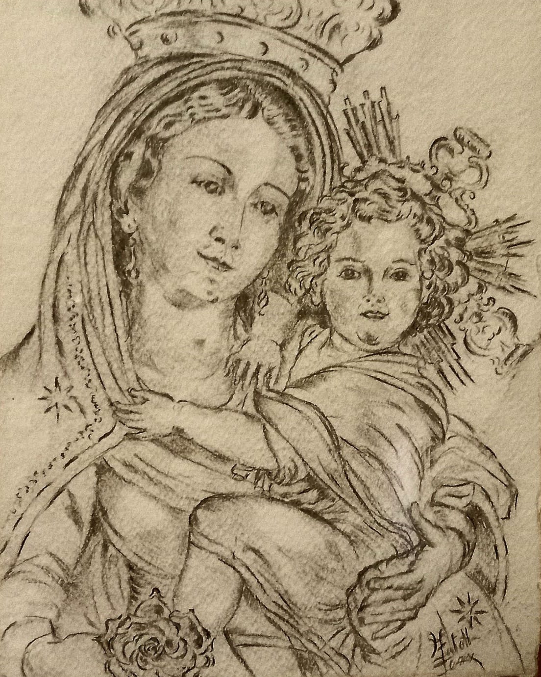 Ritratto della Madonna con bambino, sanguigna e grafite, stile classico